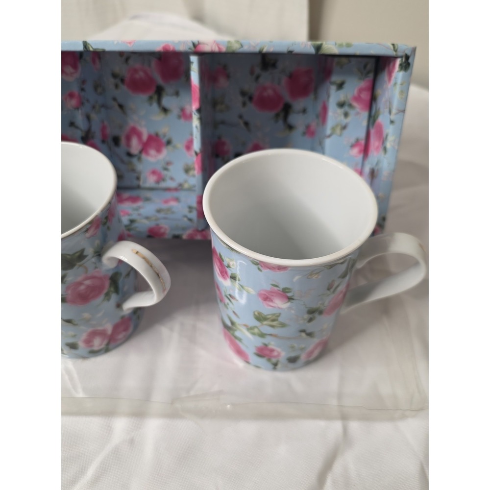 Fine bone china mugs, floral rose pattern, set of 2 with gift box - Picture 3 of 5